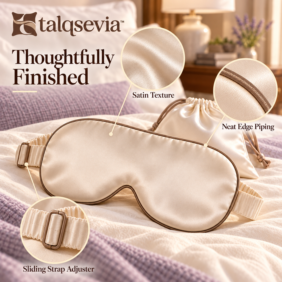 talqsevia™ Soft Horizon Satin Sleep Mask — Adjustable Padded Eye Mask for Bedtime, Travel & Everyday Rest