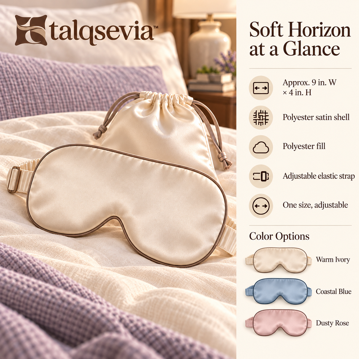 talqsevia™ Soft Horizon Satin Sleep Mask — Adjustable Padded Eye Mask for Bedtime, Travel & Everyday Rest