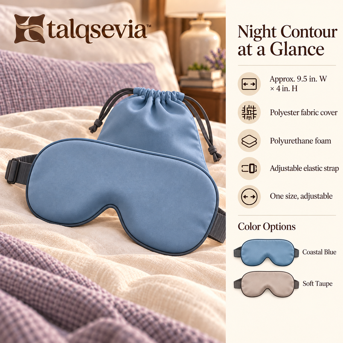 talqsevia™ Night Contour 3D Sleep Mask — Contoured Eye Mask with Adjustable Strap & Travel Pouch