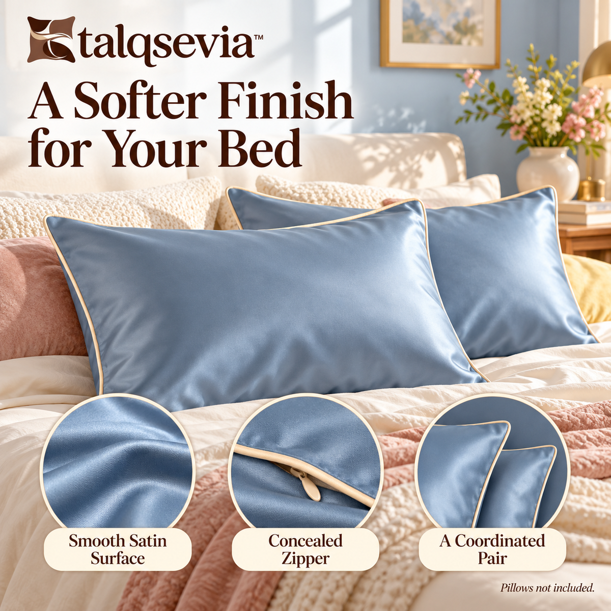 talqsevia™ Pillow Edit Satin Pillowcase Set of 2 — Queen Pillow Covers with Hidden Zipper, 20" × 30"