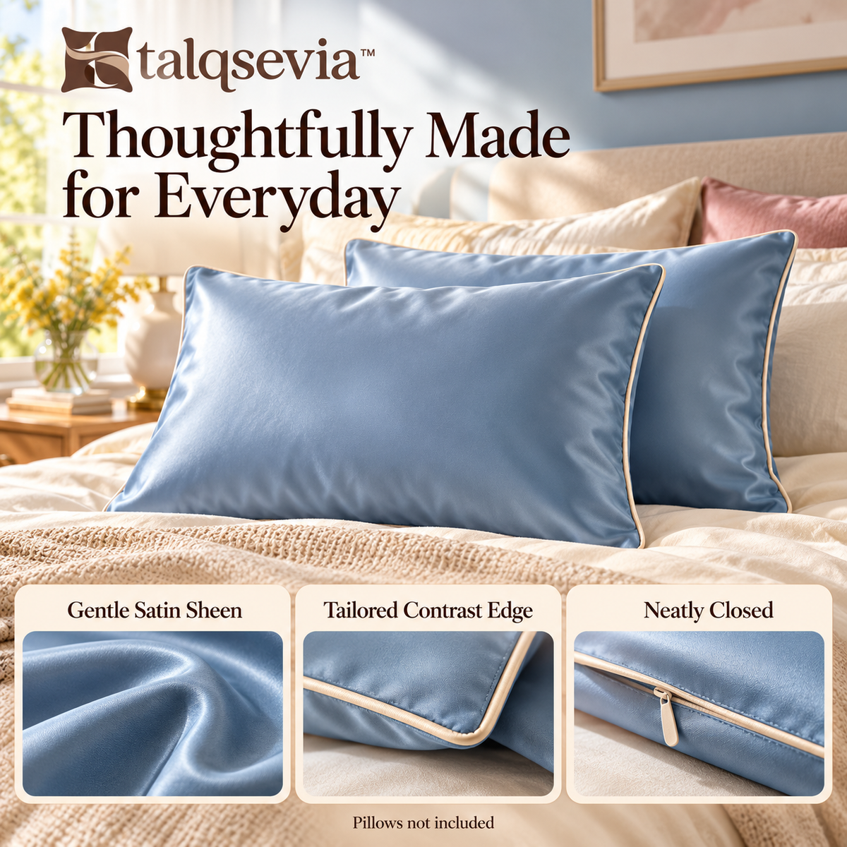 talqsevia™ Pillow Edit Satin Pillowcase Set of 2 — Queen Pillow Covers with Hidden Zipper, 20" × 30"