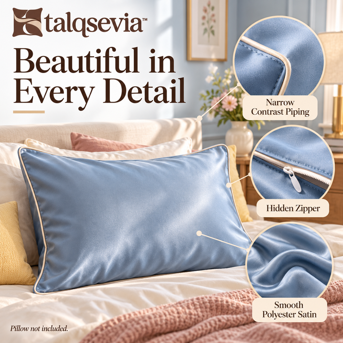 talqsevia™ Pillow Edit Satin Pillowcase Set of 2 — Queen Pillow Covers with Hidden Zipper, 20" × 30"