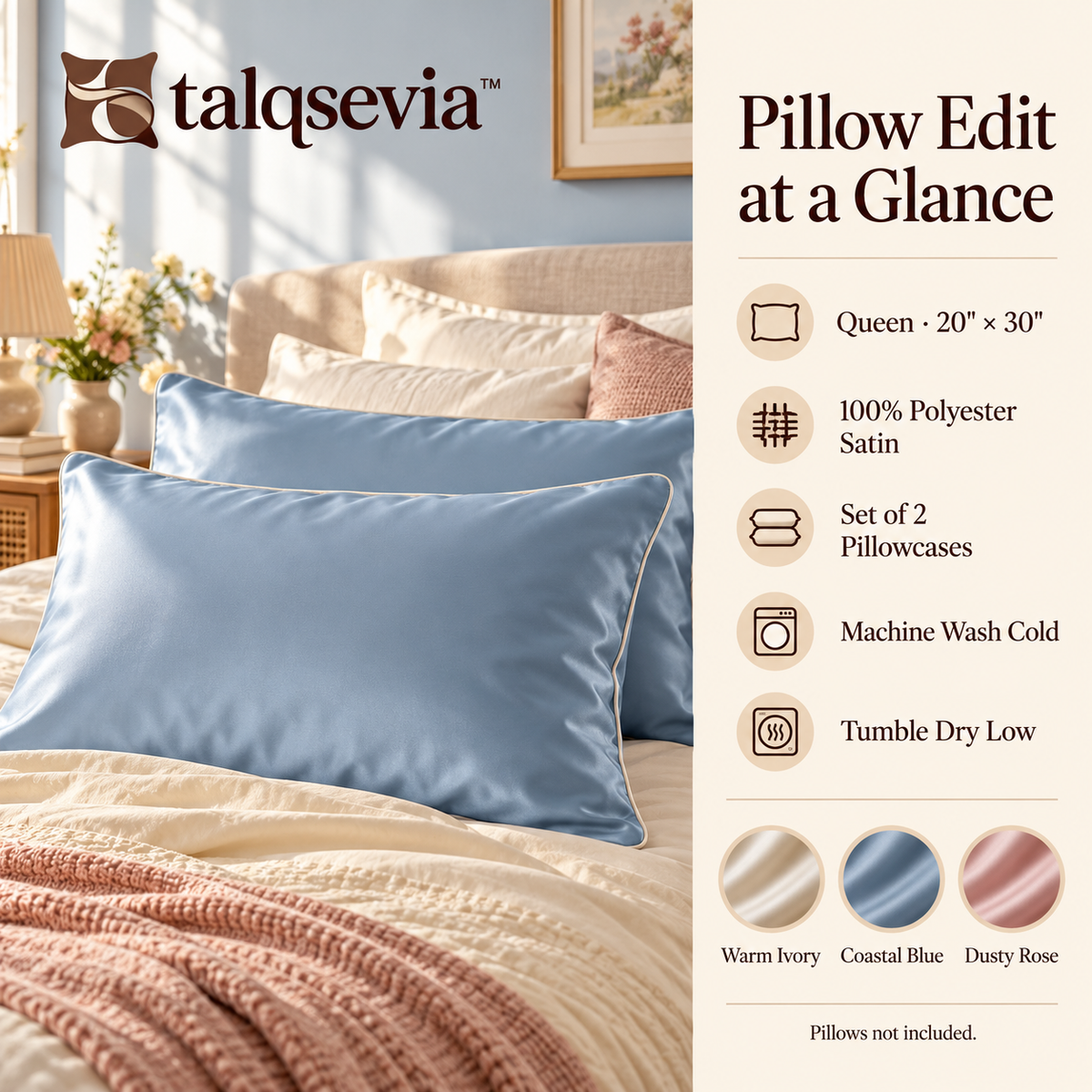 talqsevia™ Pillow Edit Satin Pillowcase Set of 2 — Queen Pillow Covers with Hidden Zipper, 20" × 30"