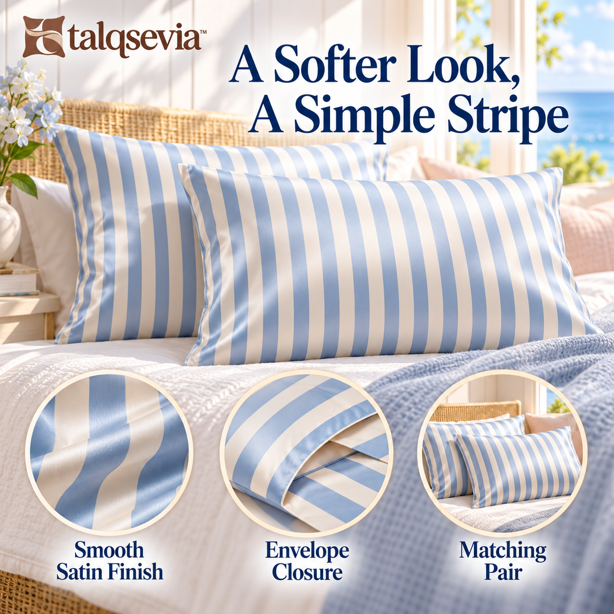 talqsevia™ Coastal Stripe Satin Pillowcase Set of 2 — Standard Envelope Pillow Covers, 20" × 26"