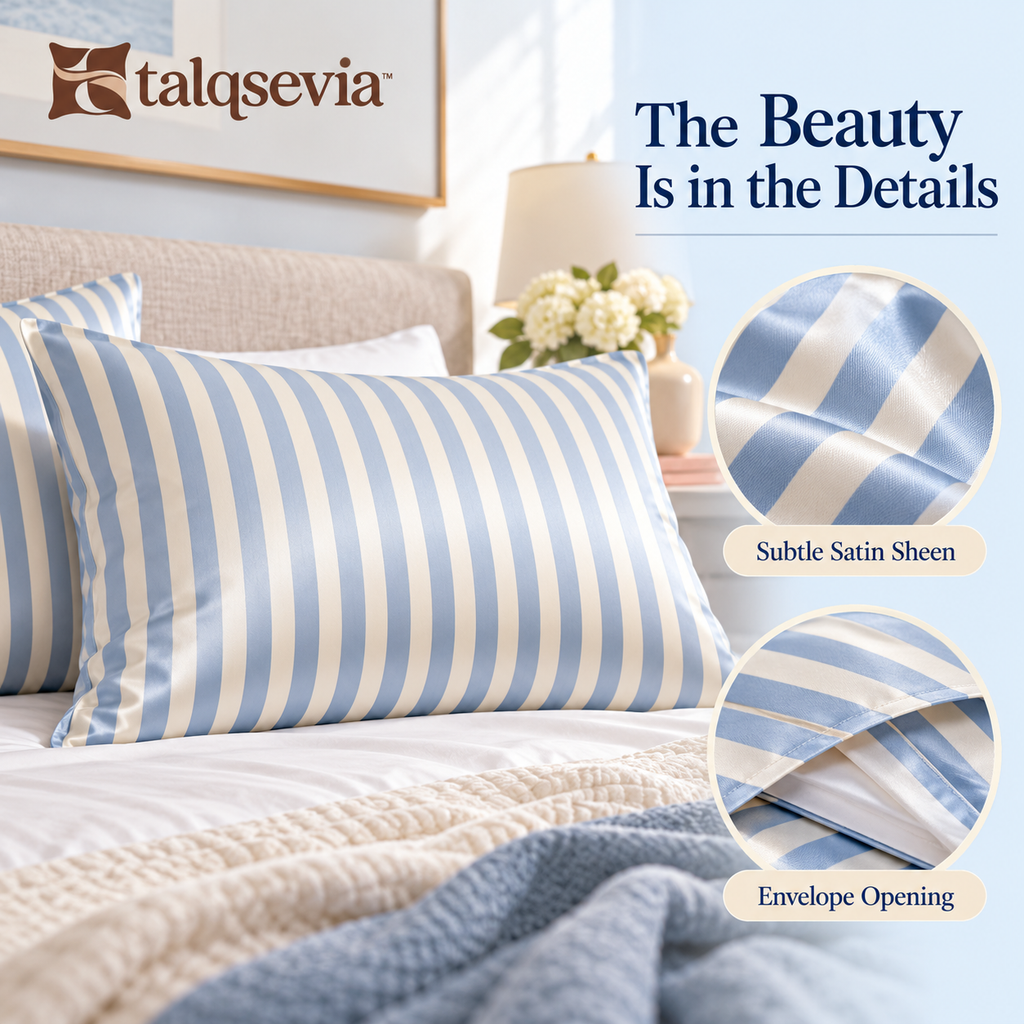 talqsevia™ Coastal Stripe Satin Pillowcase Set of 2 — Standard Envelope Pillow Covers, 20" × 26"