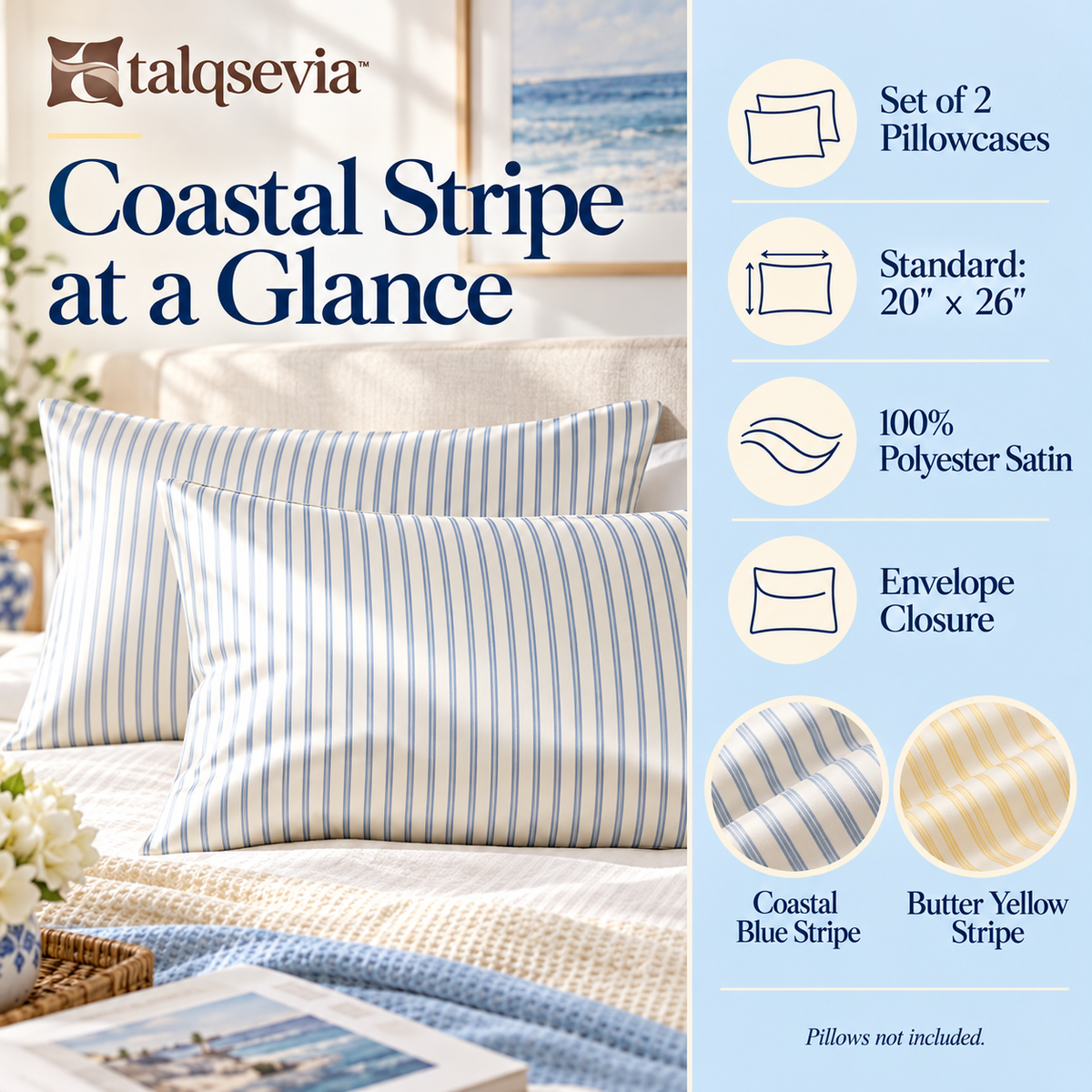 talqsevia™ Coastal Stripe Satin Pillowcase Set of 2 — Standard Envelope Pillow Covers, 20" × 26"