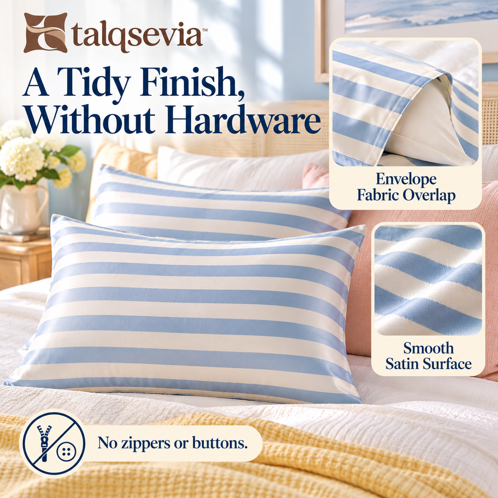 talqsevia™ Coastal Stripe Satin Pillowcase Set of 2 — Standard Envelope Pillow Covers, 20" × 26"