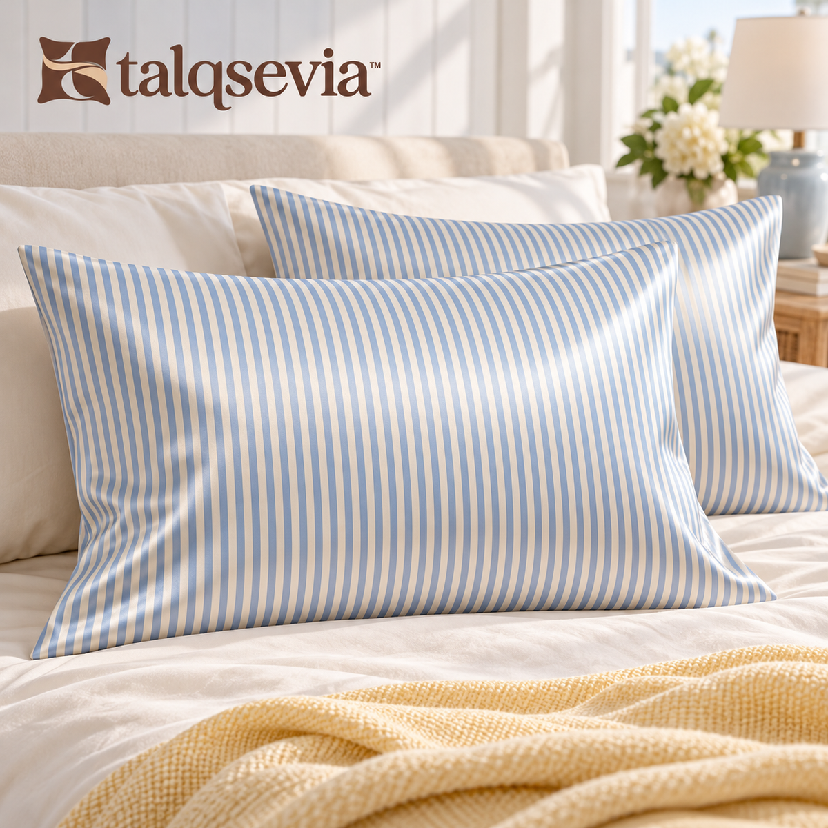 talqsevia™ Coastal Stripe Satin Pillowcase Set of 2 — Standard Envelope Pillow Covers, 20" × 26"