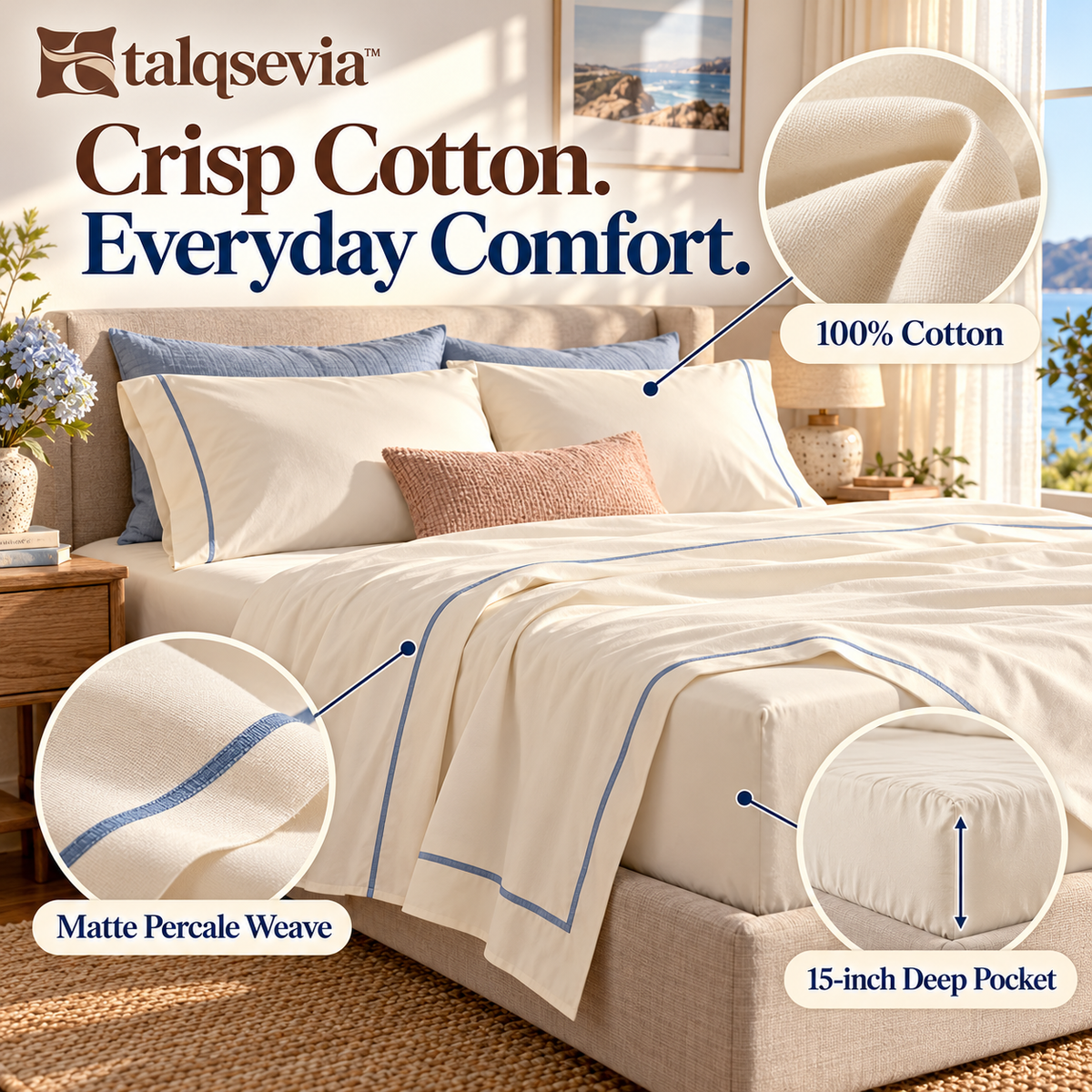 talqsevia™ Everyday Percale Queen Bed Sheet Set — 4-Piece Cotton Bedding with 15" Deep-Pocket Fitted Sheet