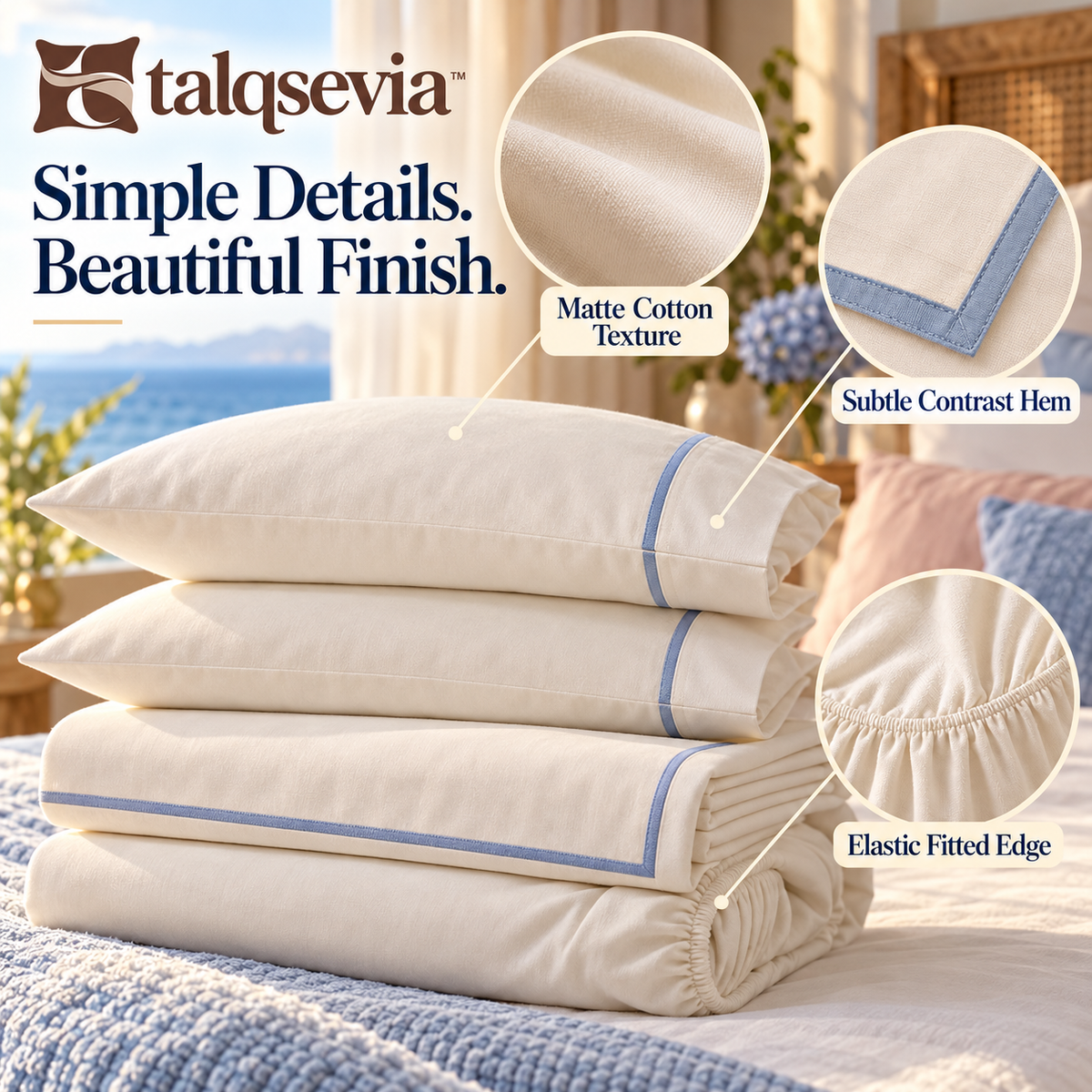 talqsevia™ Everyday Percale Queen Bed Sheet Set — 4-Piece Cotton Bedding with 15" Deep-Pocket Fitted Sheet