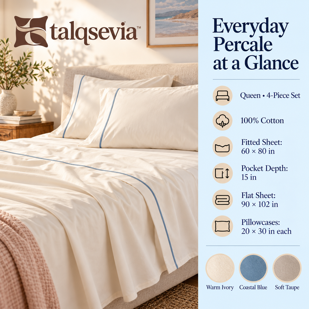 talqsevia™ Everyday Percale Queen Bed Sheet Set — 4-Piece Cotton Bedding with 15" Deep-Pocket Fitted Sheet
