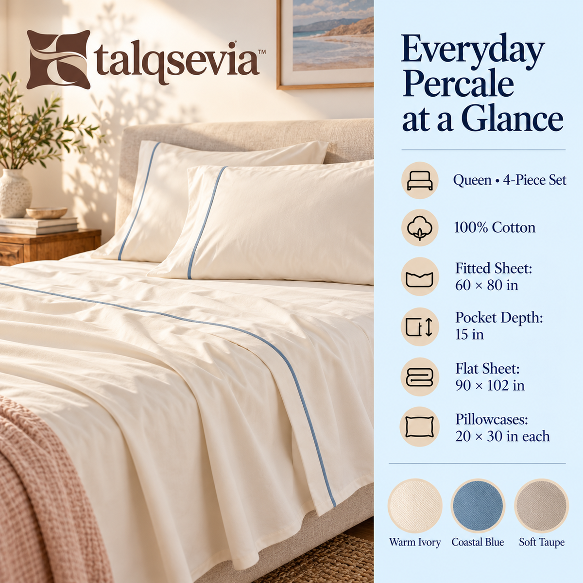talqsevia™ Everyday Percale Queen Bed Sheet Set — 4-Piece Cotton Bedding with 15" Deep-Pocket Fitted Sheet