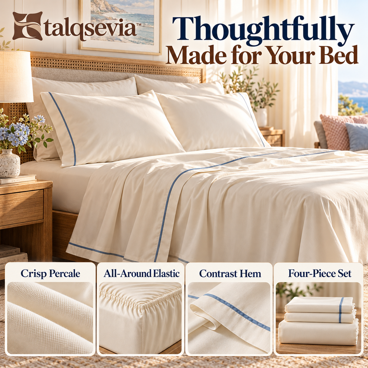 talqsevia™ Everyday Percale Queen Bed Sheet Set — 4-Piece Cotton Bedding with 15" Deep-Pocket Fitted Sheet