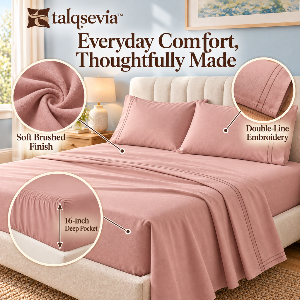 talqsevia™ Soft Line Queen Bed Sheet Set — 4-Piece Brushed Microfiber Bedding with 16" Deep Pockets