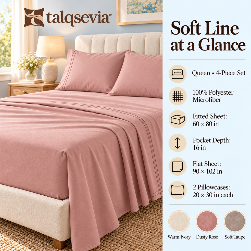 talqsevia™ Soft Line Queen Bed Sheet Set — 4-Piece Brushed Microfiber Bedding with 16" Deep Pockets