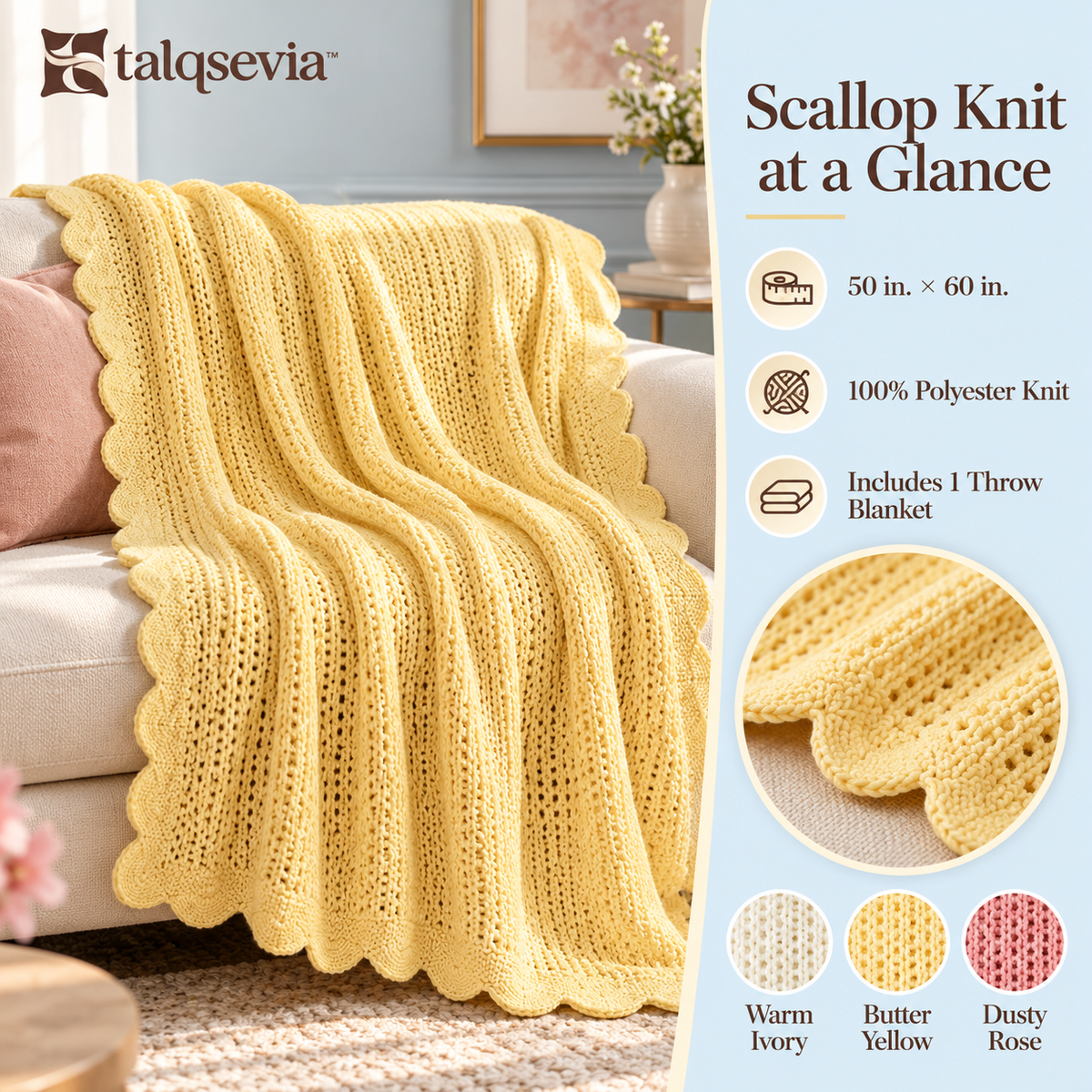 talqsevia™ Scallop Knit Cozy Throw Blanket — Textured Sofa Throw with Decorative Edge, 50" × 60"