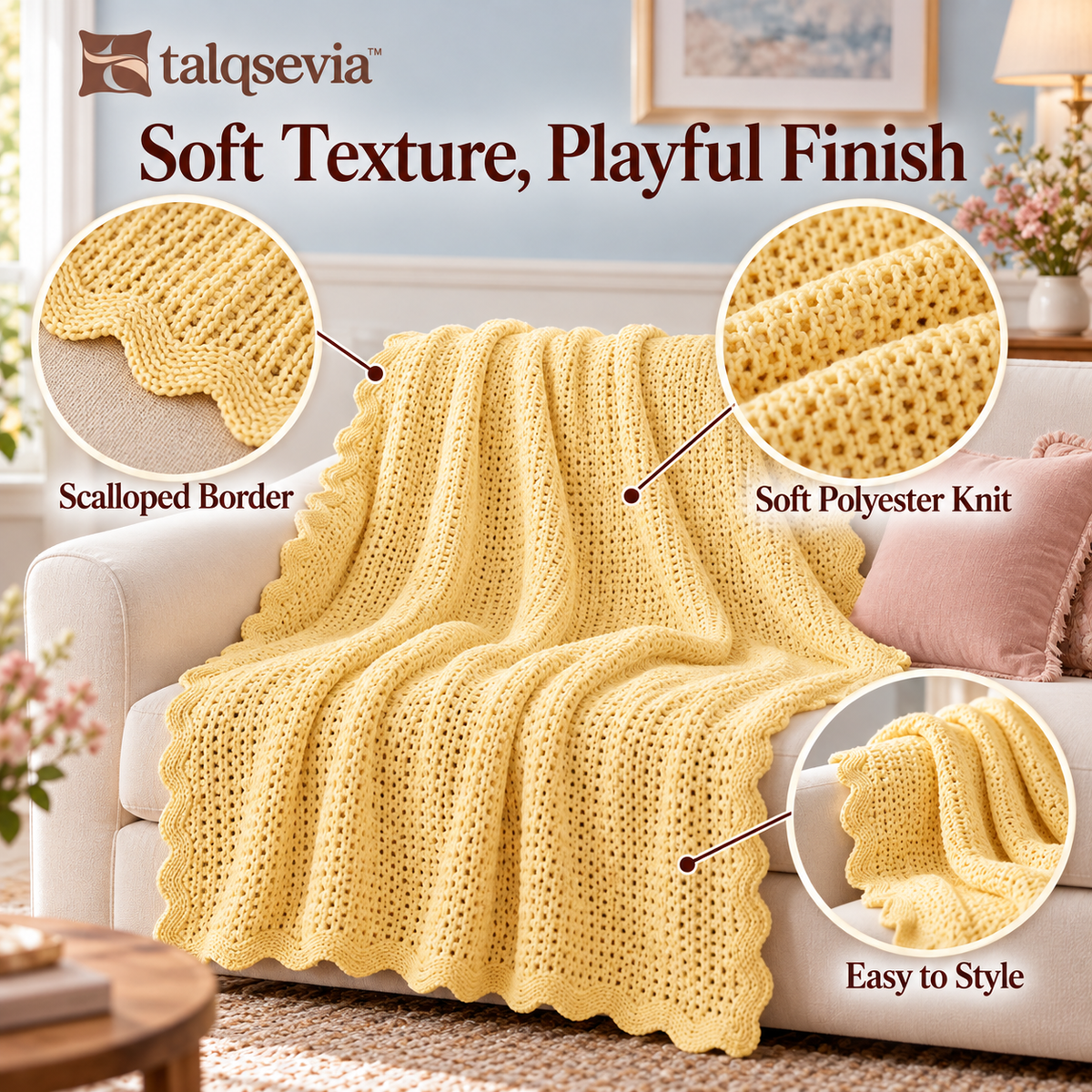 talqsevia™ Scallop Knit Cozy Throw Blanket — Textured Sofa Throw with Decorative Edge, 50" × 60"