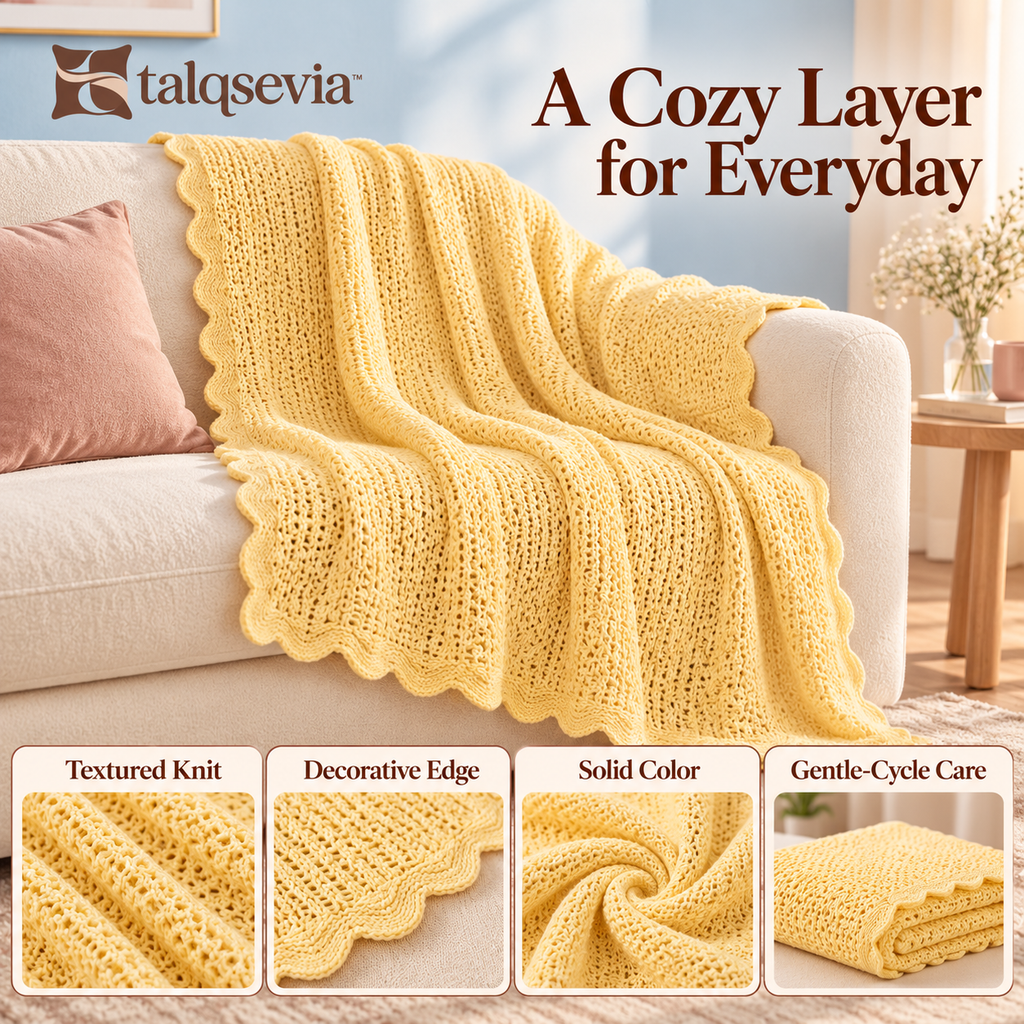 talqsevia™ Scallop Knit Cozy Throw Blanket — Textured Sofa Throw with Decorative Edge, 50" × 60"