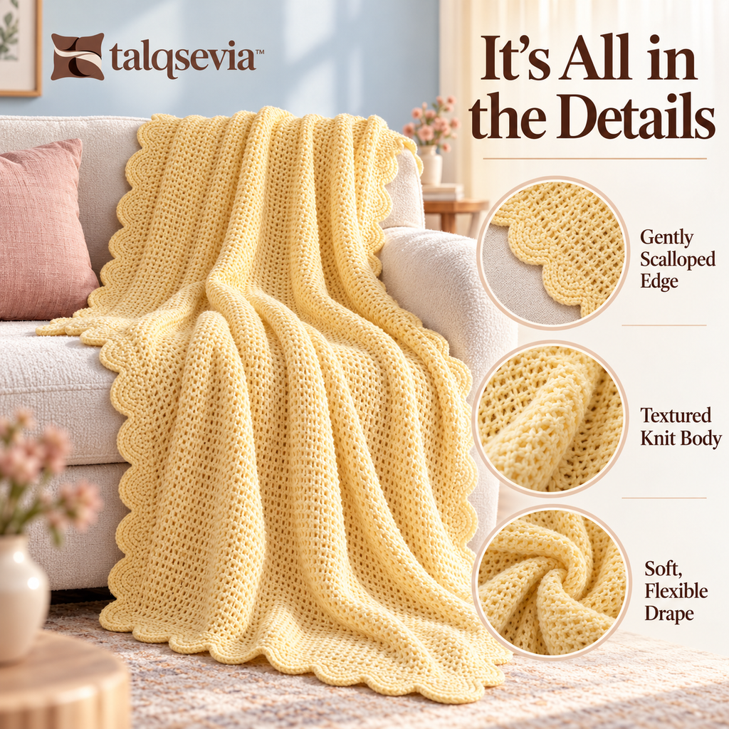 talqsevia™ Scallop Knit Cozy Throw Blanket — Textured Sofa Throw with Decorative Edge, 50" × 60"