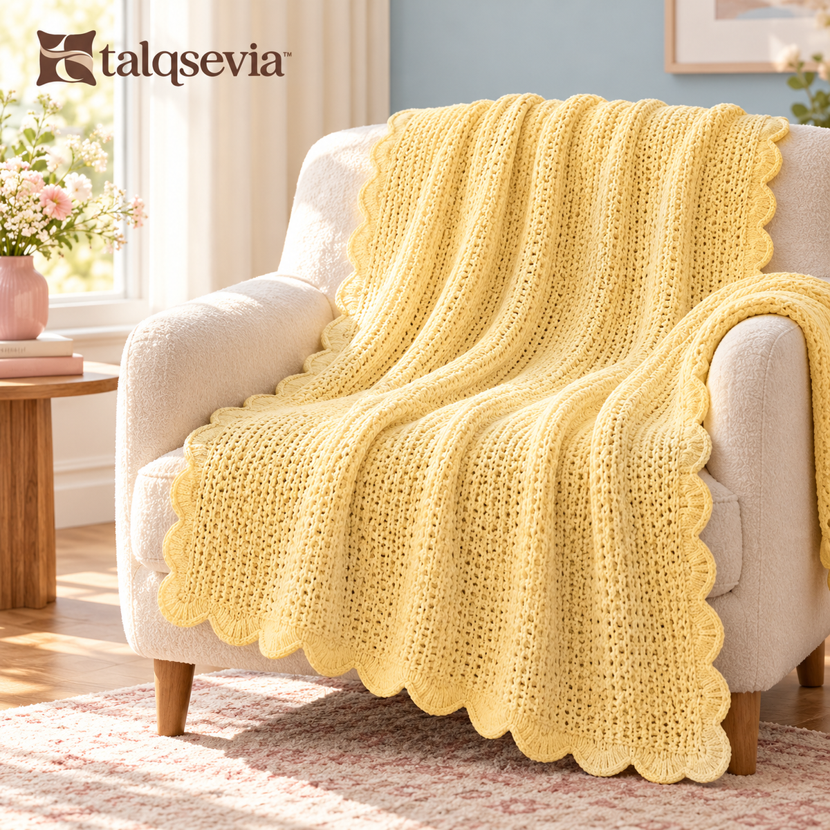talqsevia™ Scallop Knit Cozy Throw Blanket — Textured Sofa Throw with Decorative Edge, 50" × 60"