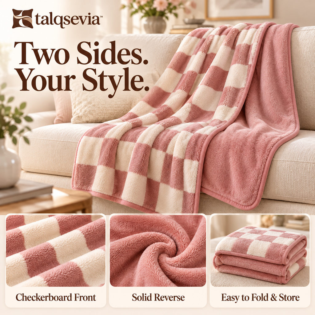 talqsevia™ Weekend Check Cozy Throw Blanket — Reversible Plush Checkerboard Sofa Blanket, 50" × 60"