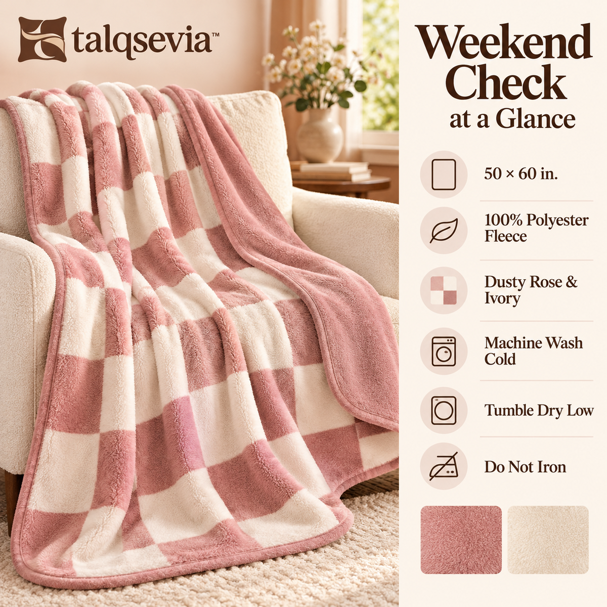 talqsevia™ Weekend Check Cozy Throw Blanket — Reversible Plush Checkerboard Sofa Blanket, 50" × 60"
