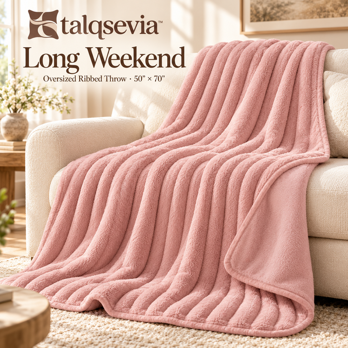 talqsevia™ Long Weekend Oversized Throw Blanket — Ribbed Plush Couch Blanket, 50" × 70"