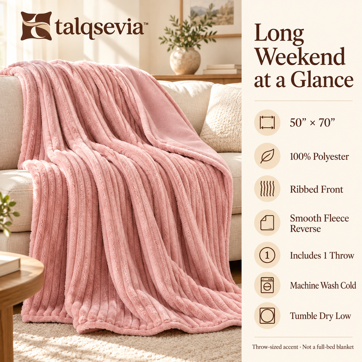 talqsevia™ Long Weekend Oversized Throw Blanket — Ribbed Plush Couch Blanket, 50" × 70"