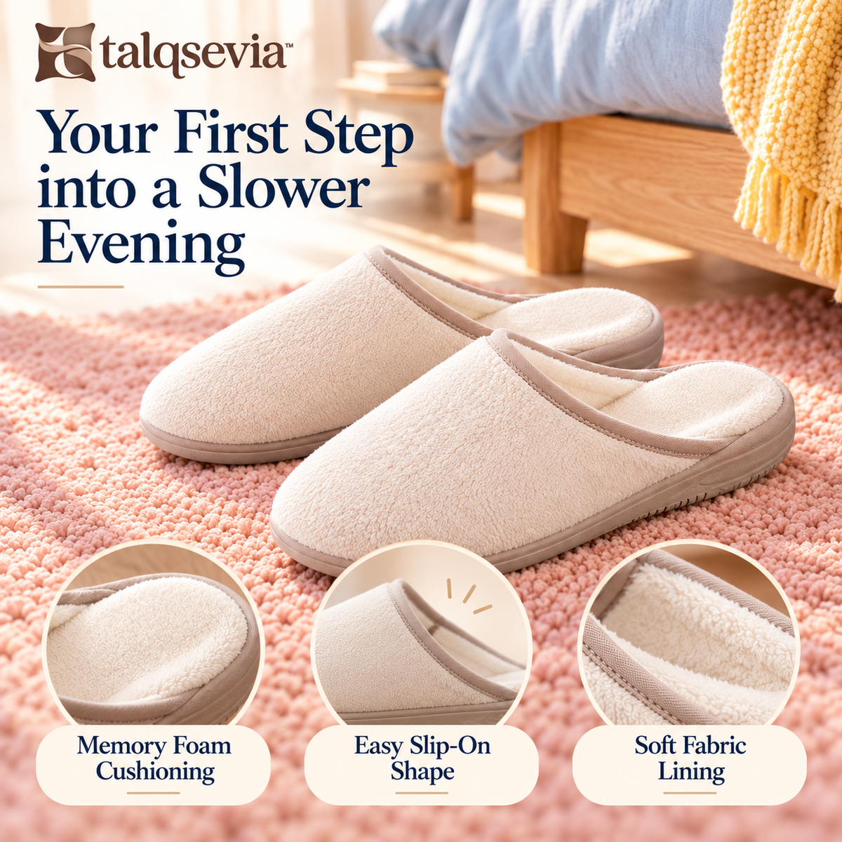 talqsevia™ Cloud Step Women's House Slippers — Closed-Toe Memory Foam Slip-On Slippers with Textured Sole