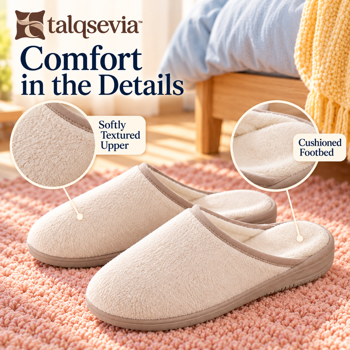 talqsevia™ Cloud Step Women's House Slippers — Closed-Toe Memory Foam Slip-On Slippers with Textured Sole