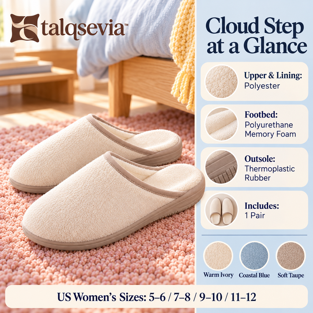 talqsevia™ Cloud Step Women's House Slippers — Closed-Toe Memory Foam Slip-On Slippers with Textured Sole
