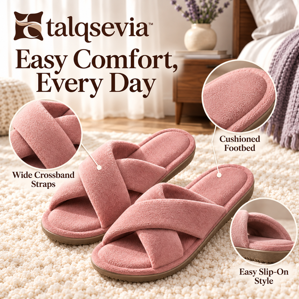 talqsevia™ Twist Lounge Women's House Slippers — Open-Toe Crossband Slippers with Cushioned Footbed