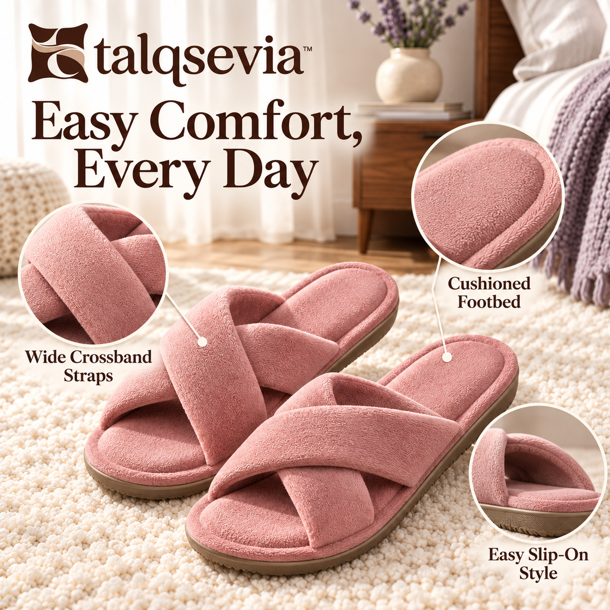talqsevia™ Twist Lounge Women's House Slippers — Open-Toe Crossband Slippers with Cushioned Footbed