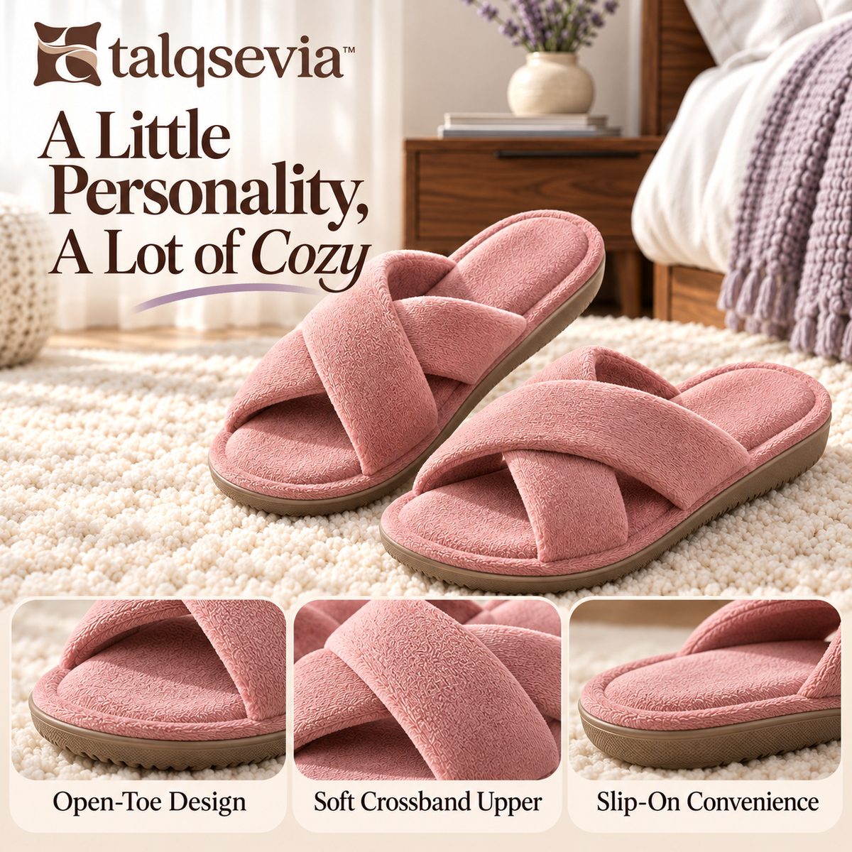 talqsevia™ Twist Lounge Women's House Slippers — Open-Toe Crossband Slippers with Cushioned Footbed