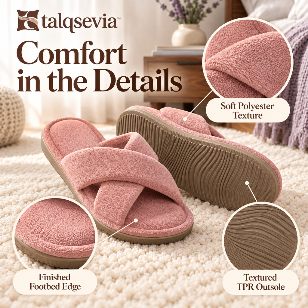 talqsevia™ Twist Lounge Women's House Slippers — Open-Toe Crossband Slippers with Cushioned Footbed