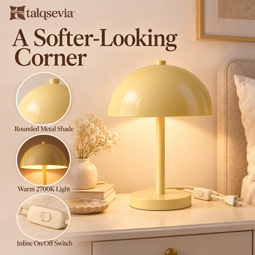 talqsevia™ Halo Dome Bedside Lamp — Metal Mushroom Table Lamp with Warm LED Bulb & Inline Switch