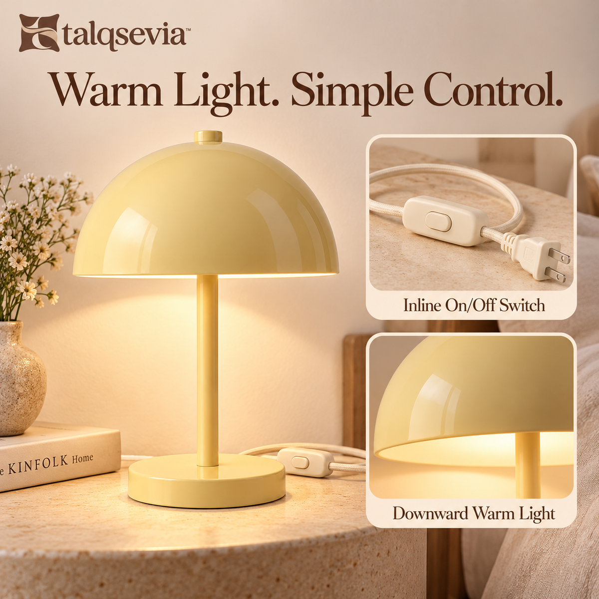 talqsevia™ Halo Dome Bedside Lamp — Metal Mushroom Table Lamp with Warm LED Bulb & Inline Switch