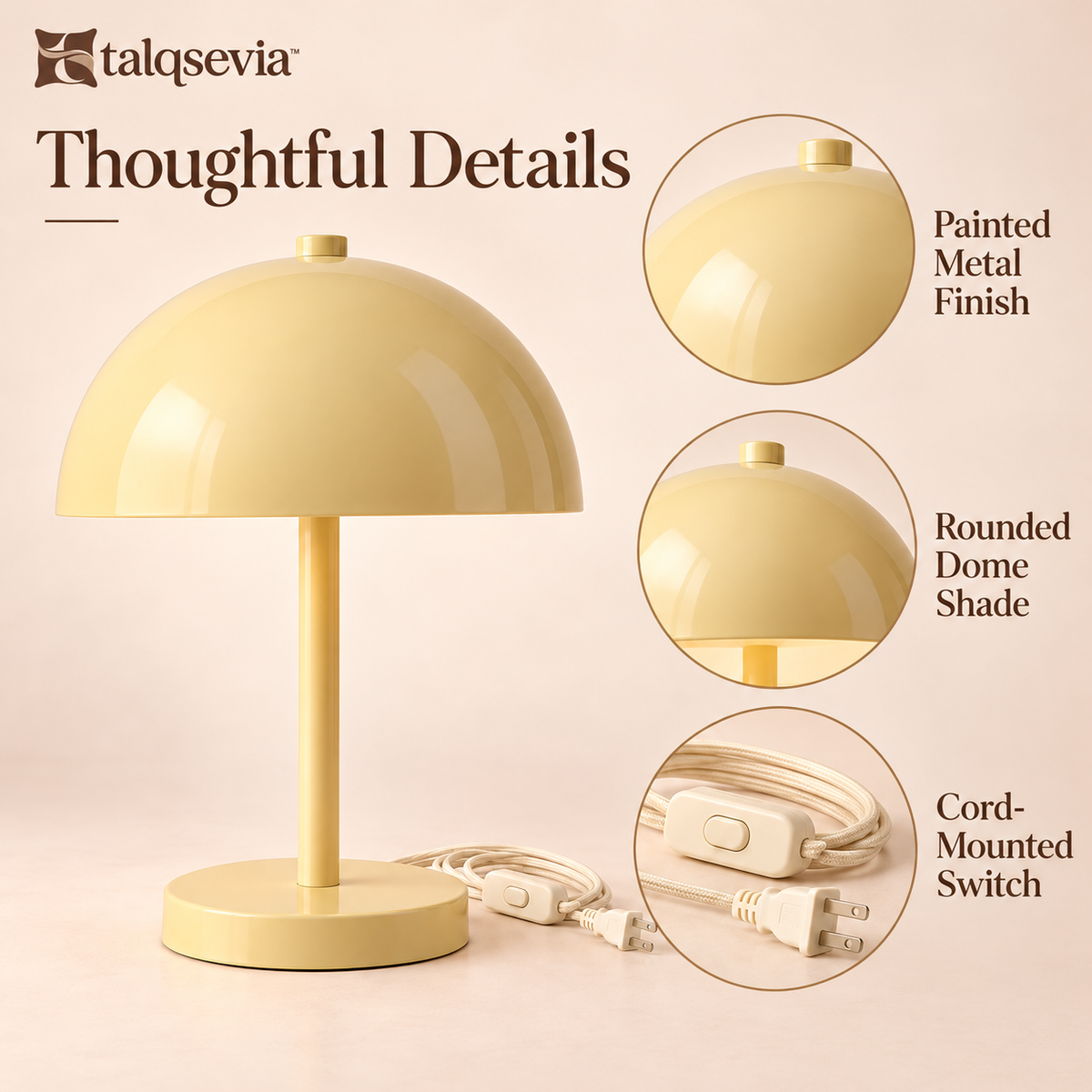 talqsevia™ Halo Dome Bedside Lamp — Metal Mushroom Table Lamp with Warm LED Bulb & Inline Switch