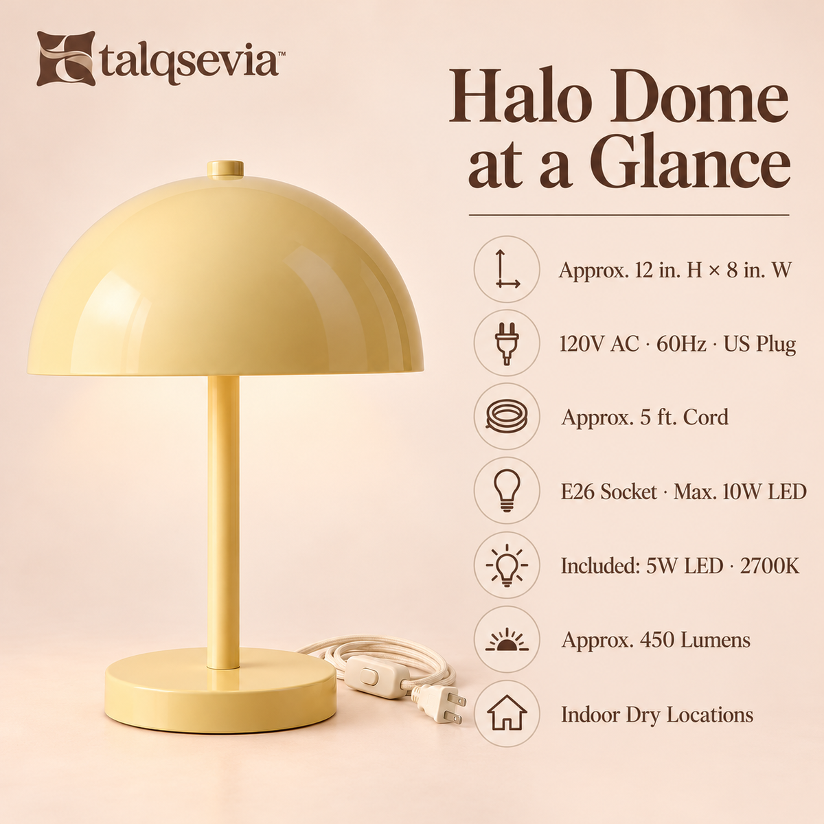 talqsevia™ Halo Dome Bedside Lamp — Metal Mushroom Table Lamp with Warm LED Bulb & Inline Switch