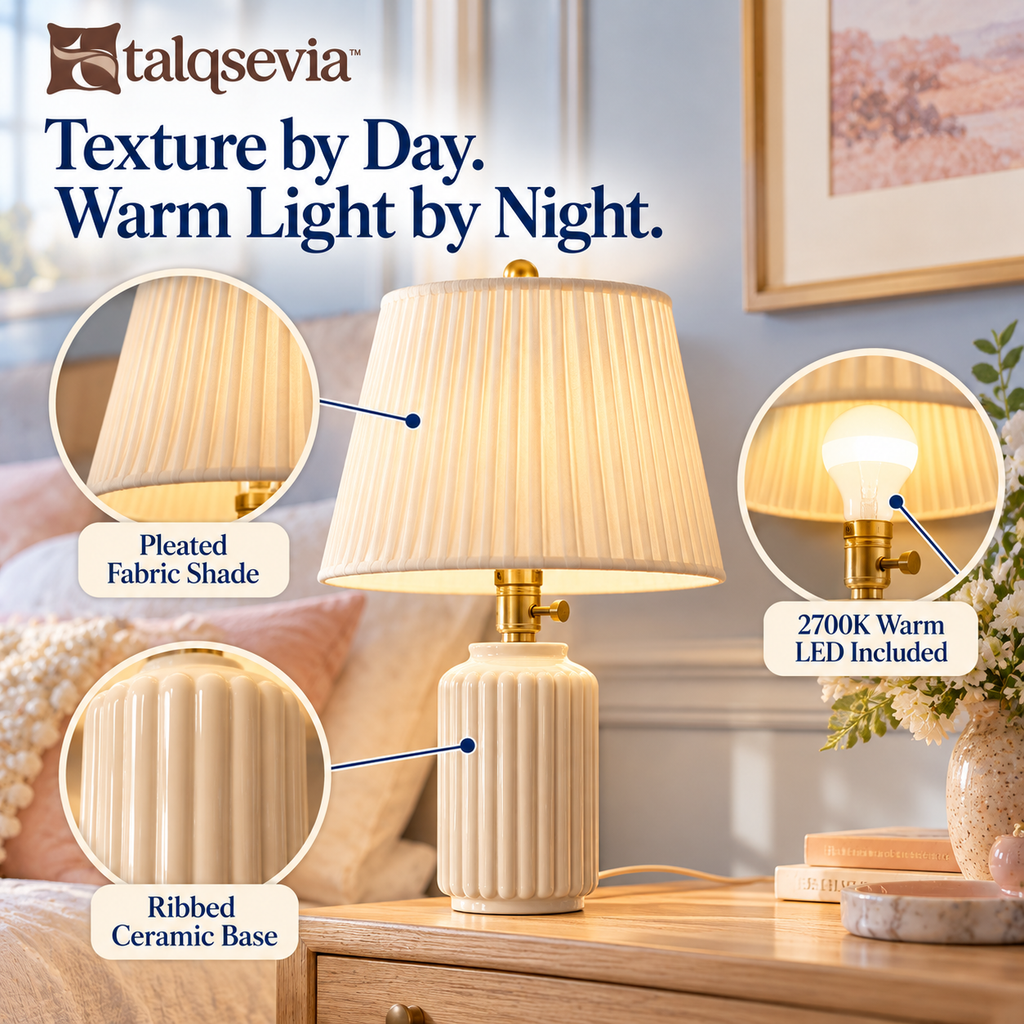 talqsevia™ Pleated Column Ceramic Bedside Lamp — Accent Table Lamp with Fabric Shade & Warm LED Bulb