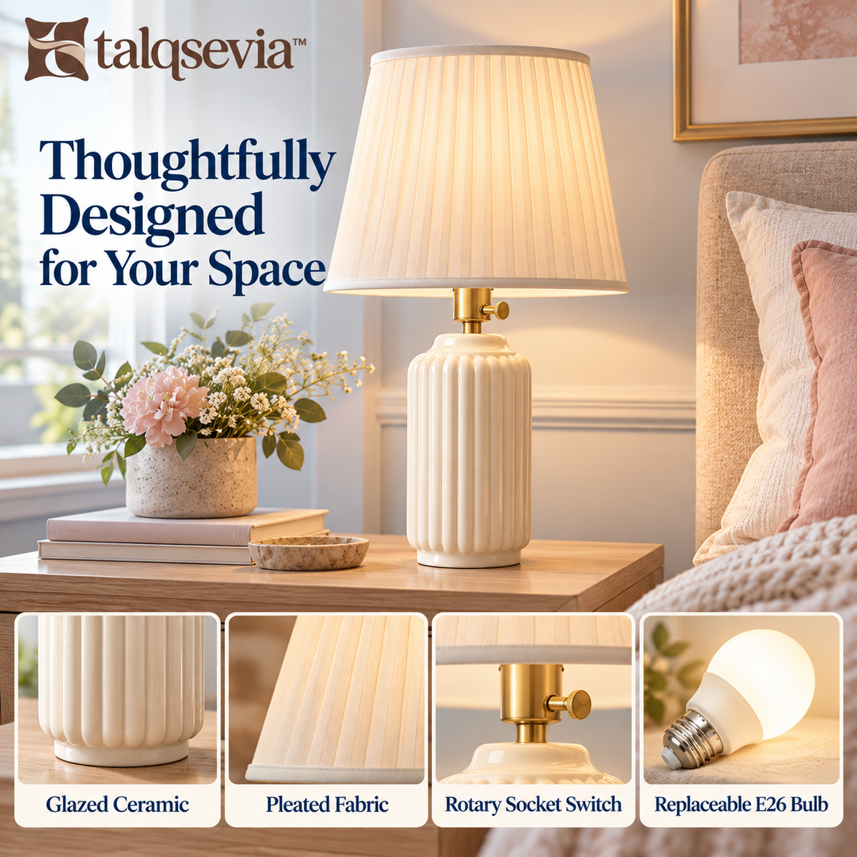 talqsevia™ Pleated Column Ceramic Bedside Lamp — Accent Table Lamp with Fabric Shade & Warm LED Bulb