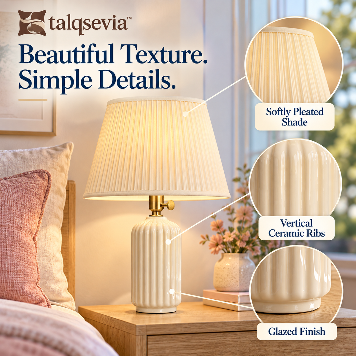 talqsevia™ Pleated Column Ceramic Bedside Lamp — Accent Table Lamp with Fabric Shade & Warm LED Bulb