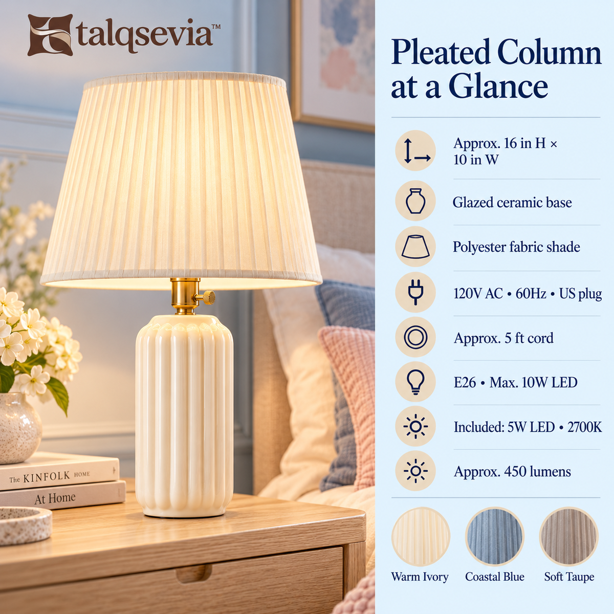 talqsevia™ Pleated Column Ceramic Bedside Lamp — Accent Table Lamp with Fabric Shade & Warm LED Bulb