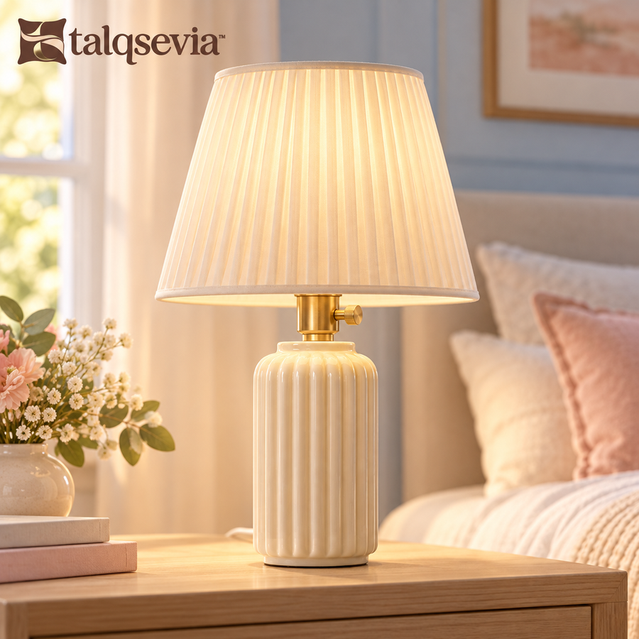 talqsevia™ Pleated Column Ceramic Bedside Lamp — Accent Table Lamp with Fabric Shade & Warm LED Bulb