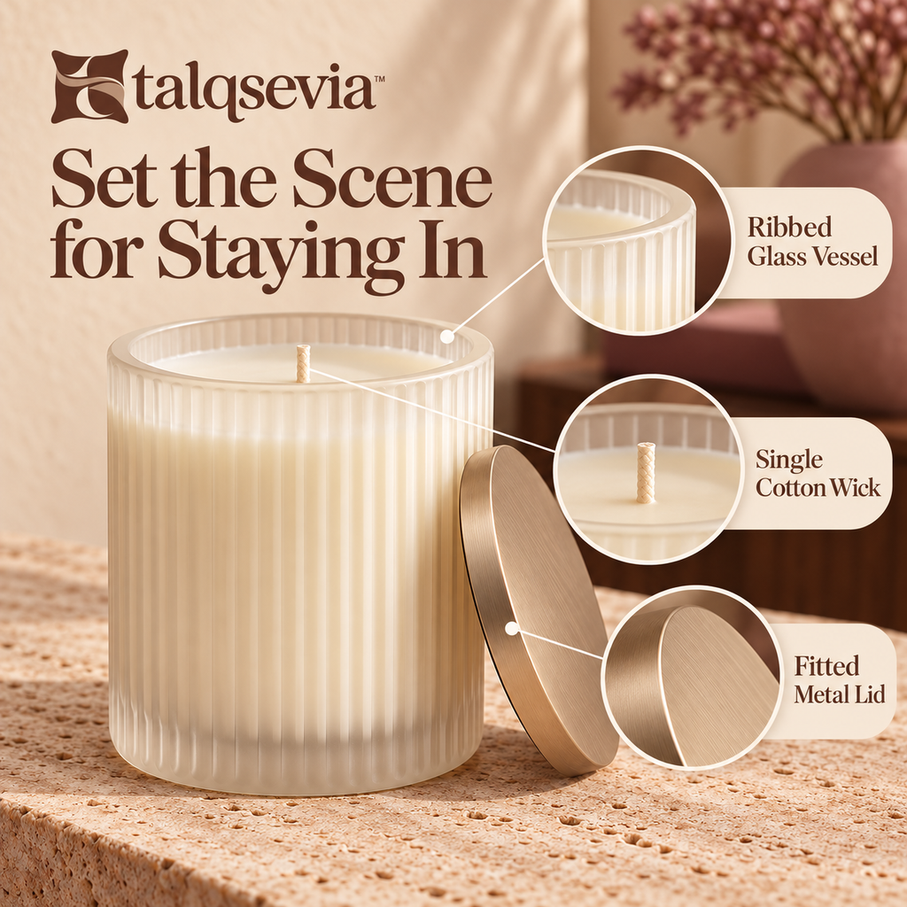 talqsevia™ Evening Notes Scented Candle — 8 oz Soy-Blend Bedroom Candle in a Ribbed Glass Jar with Lid