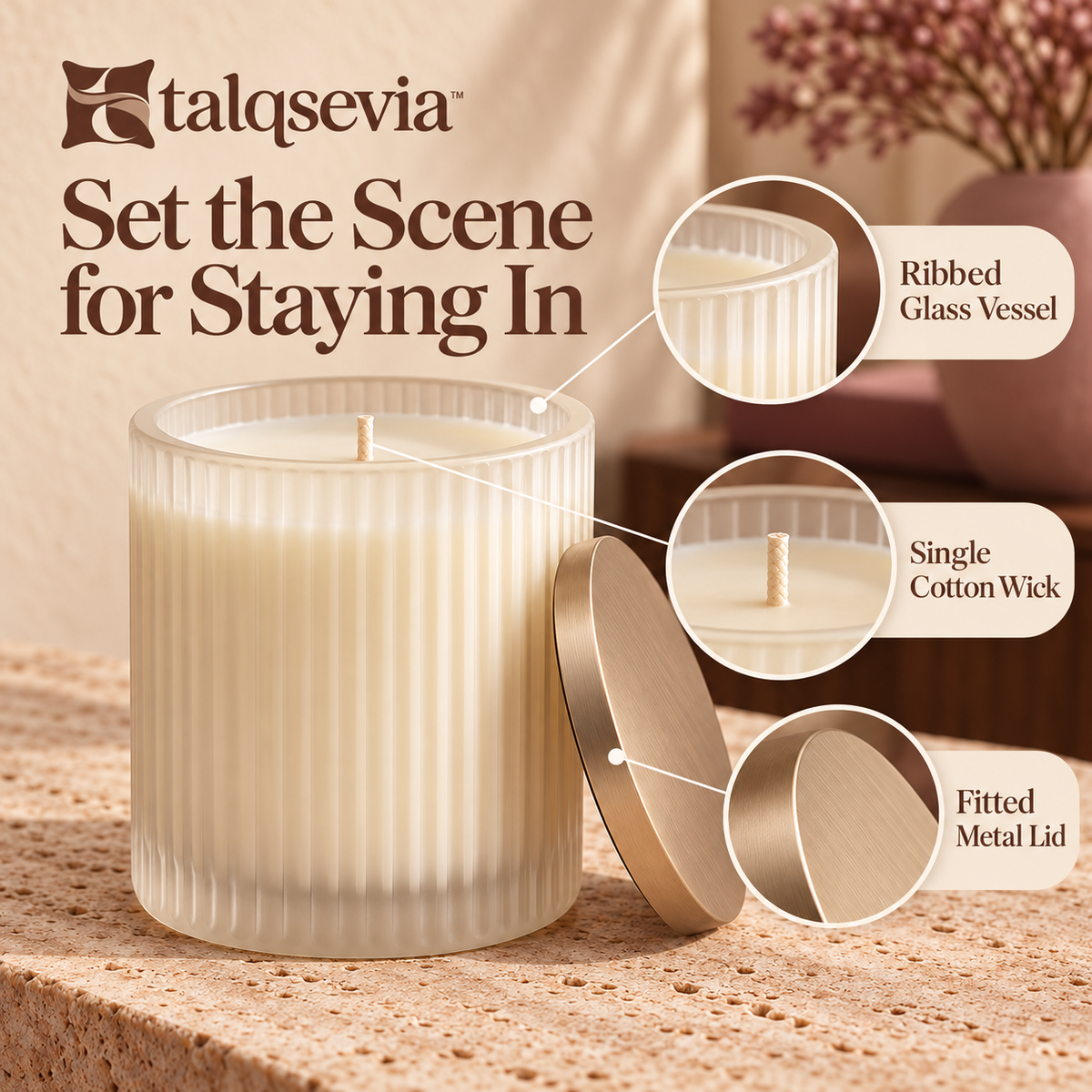 talqsevia™ Evening Notes Scented Candle — 8 oz Soy-Blend Bedroom Candle in a Ribbed Glass Jar with Lid