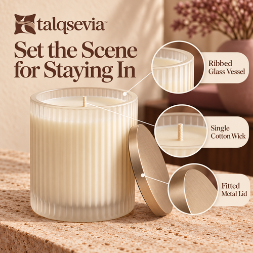 talqsevia™ Evening Notes Scented Candle — 8 oz Soy-Blend Bedroom Candle in a Ribbed Glass Jar with Lid