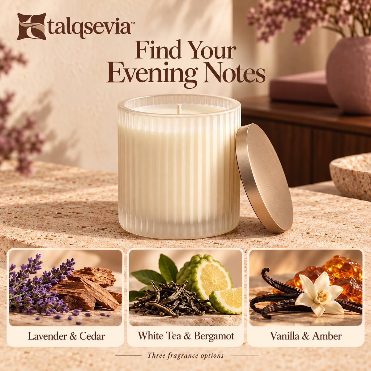 talqsevia™ Evening Notes Scented Candle — 8 oz Soy-Blend Bedroom Candle in a Ribbed Glass Jar with Lid