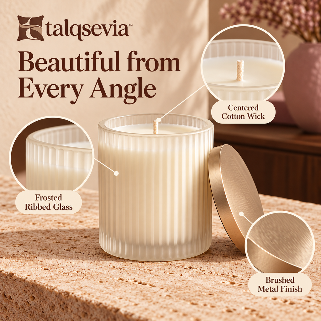 talqsevia™ Evening Notes Scented Candle — 8 oz Soy-Blend Bedroom Candle in a Ribbed Glass Jar with Lid