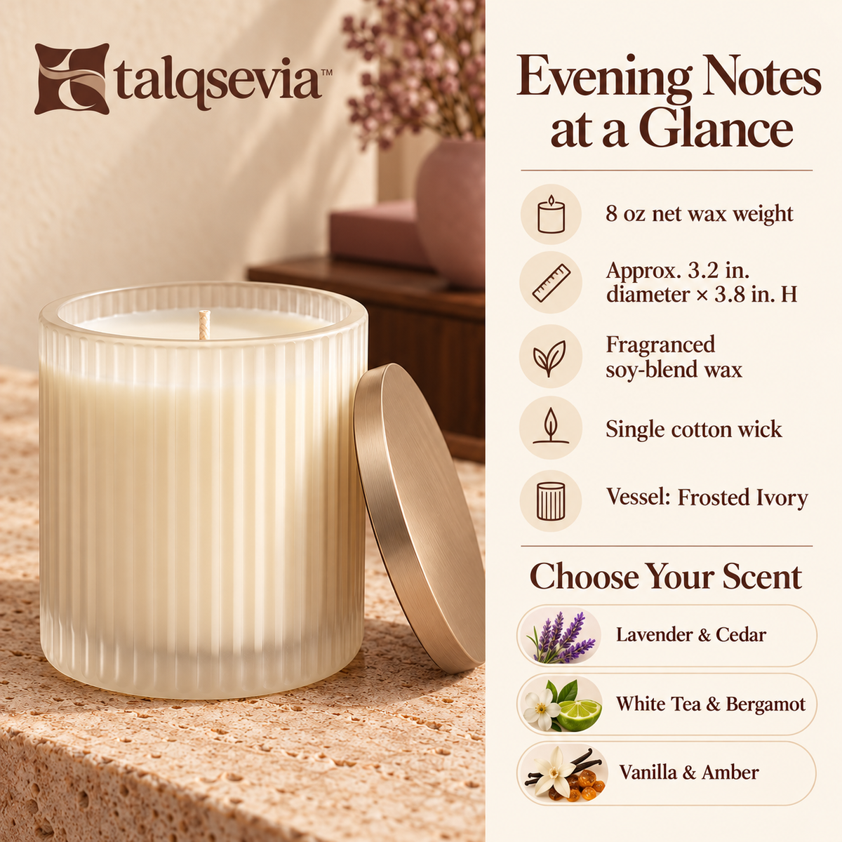 talqsevia™ Evening Notes Scented Candle — 8 oz Soy-Blend Bedroom Candle in a Ribbed Glass Jar with Lid